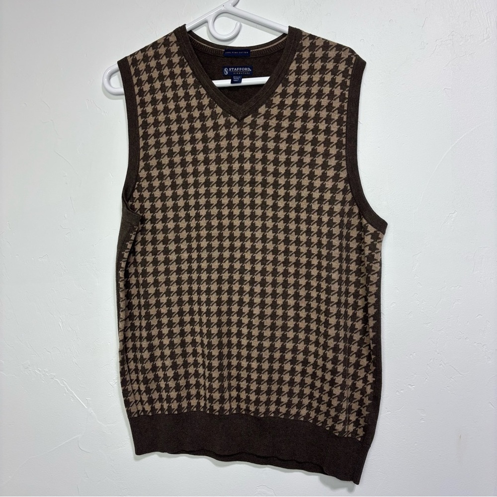 Stafford Brown Houndstooth Men's Sweater Vest 100% Pima Cotton Medium